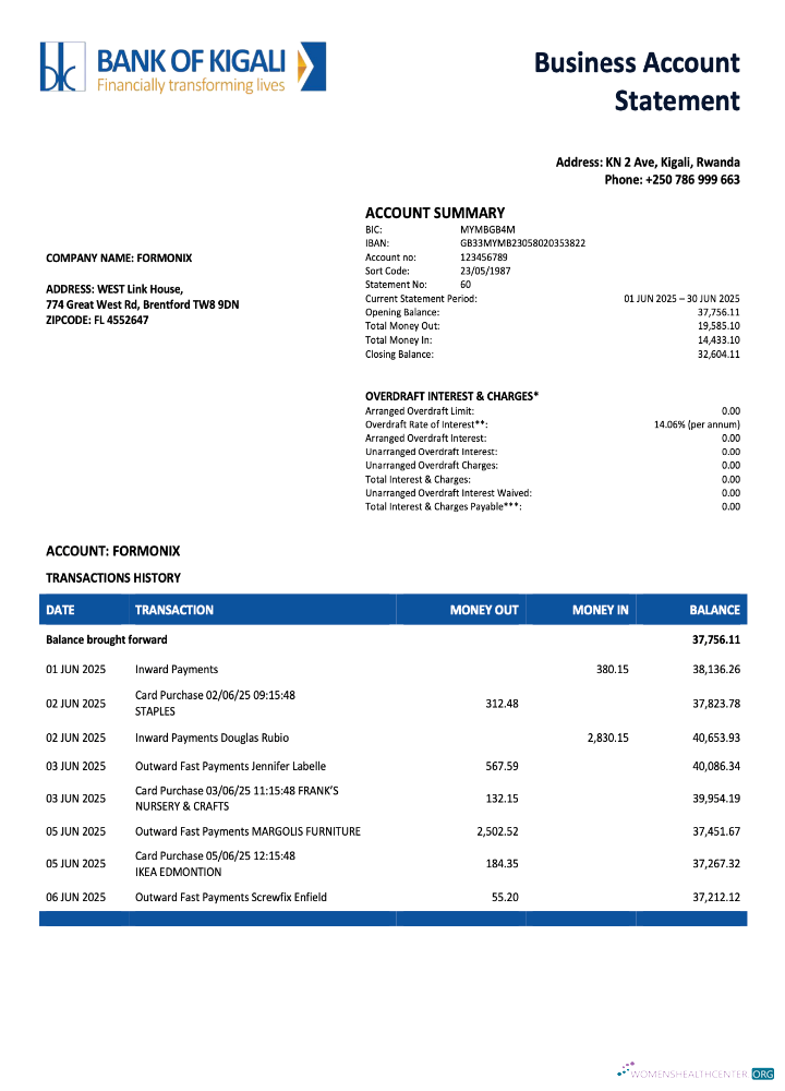 Rwanda bank of Kigali organization checking account statement Word and PDF template